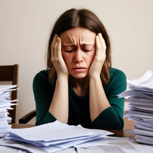 Home 11 **
A woman looking stressed and overwhelmed, sitting amidst piles of legal documents and bills. Empty coffee cups surround her. In the background, a blurry image of a family photo torn in half. Focus on the emotional toll of divorce and the importance of self-care. Style: Realistic, slightly desaturated colors.
**