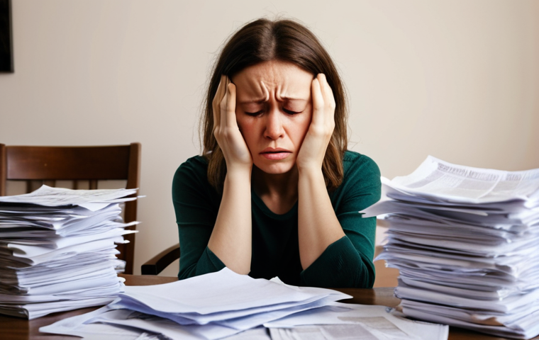 **
A woman looking stressed and overwhelmed, sitting amidst piles of legal documents and bills. Empty coffee cups surround her. In the background, a blurry image of a family photo torn in half. Focus on the emotional toll of divorce and the importance of self-care. Style: Realistic, slightly desaturated colors.
**