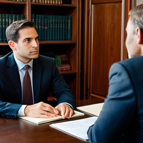 Home 6 A professional male solo attorney in a modest dark business suit, seated across from a client at a polished wooden desk in a warm, inviting private office. The attorney exhibits a focused and empathetic expression during their direct conversation. The office interior features neatly organized bookshelves filled with legal volumes, a soft ambient light from a lamp, and a subtle view through a window, conveying an atmosphere of trust and personalized attention. The image ensures perfect anatomy, correct proportions, natural pose, well-formed hands, and proper finger count. This is professional photography, high quality, safe for work, appropriate content, fully clothed, and family-friendly.