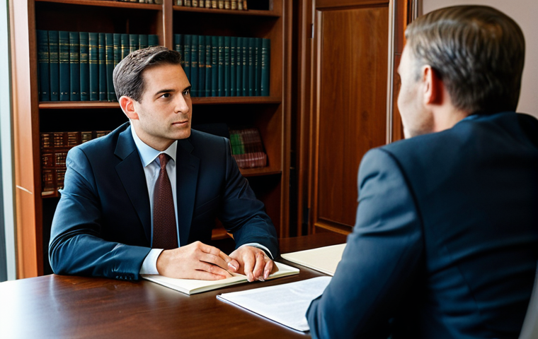 A professional male solo attorney in a modest dark business suit, seated across from a client at a polished wooden desk in a warm, inviting private office. The attorney exhibits a focused and empathetic expression during their direct conversation. The office interior features neatly organized bookshelves filled with legal volumes, a soft ambient light from a lamp, and a subtle view through a window, conveying an atmosphere of trust and personalized attention. The image ensures perfect anatomy, correct proportions, natural pose, well-formed hands, and proper finger count. This is professional photography, high quality, safe for work, appropriate content, fully clothed, and family-friendly.