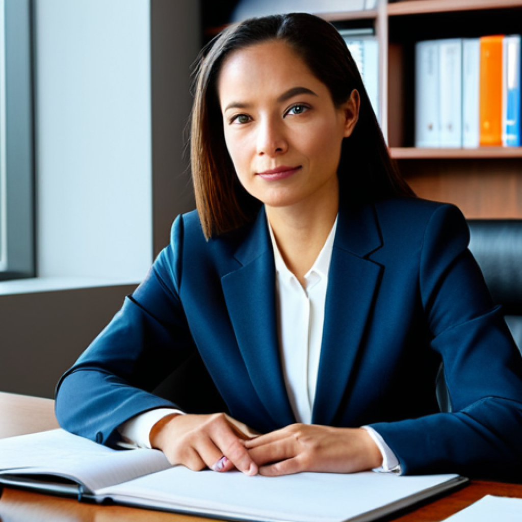 A professional female attorney in a tailored business suit, sitting calmly at a sleek desk in a sunlit, modern law office. Her expression is thoughtful and approachable, conveying expertise and trust. Legal textbooks are subtly visible on a shelf in the background. The scene emphasizes clarity and professional guidance. fully clothed, modest clothing, appropriate attire, professional dress, safe for work, appropriate content, perfect anatomy, correct proportions, natural pose, well-formed hands, proper finger count, natural body proportions, professional photography, high quality.