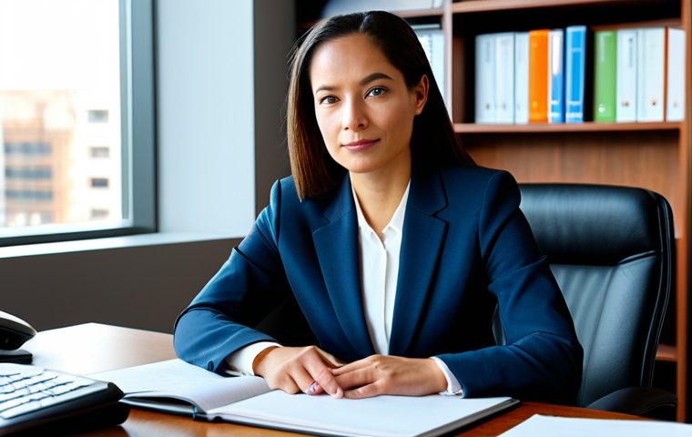 A professional female attorney in a tailored business suit, sitting calmly at a sleek desk in a sunlit, modern law office. Her expression is thoughtful and approachable, conveying expertise and trust. Legal textbooks are subtly visible on a shelf in the background. The scene emphasizes clarity and professional guidance. fully clothed, modest clothing, appropriate attire, professional dress, safe for work, appropriate content, perfect anatomy, correct proportions, natural pose, well-formed hands, proper finger count, natural body proportions, professional photography, high quality.