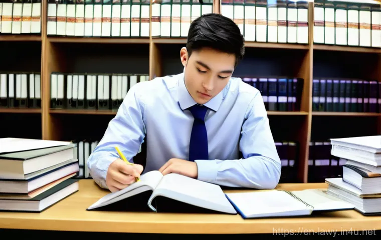 변호사 시험 단기 집중 전략 - A determined law student, appearing to be in their late 20s, embodying resilience and a growth minds...