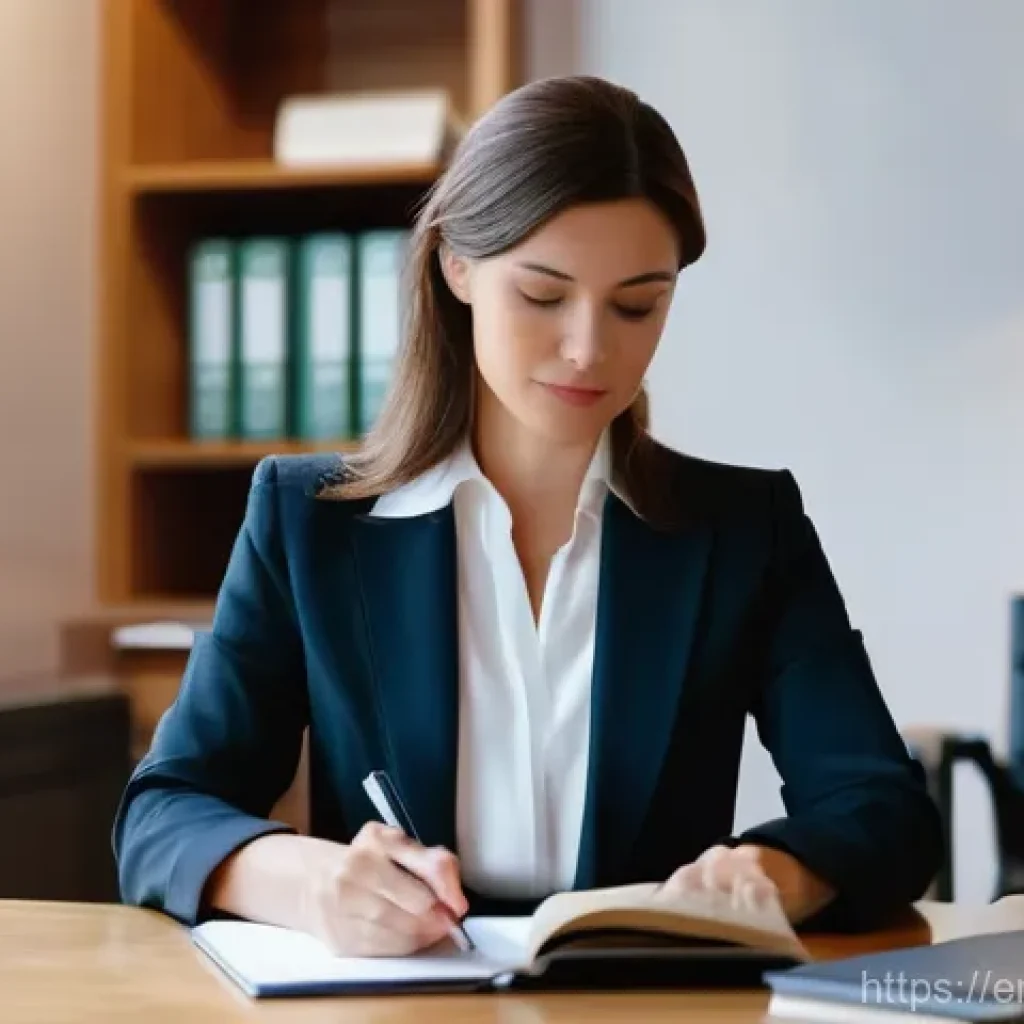 변호사 업무 일지 템플릿 - **Prompt:** A focused, professional female lawyer in her late 30s to early 40s, wearing a smart busi...