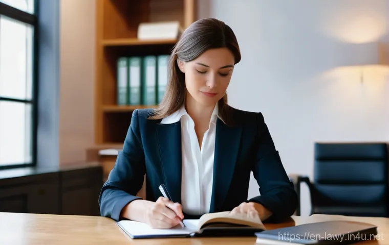 변호사 업무 일지 템플릿 - **Prompt:** A focused, professional female lawyer in her late 30s to early 40s, wearing a smart busi...