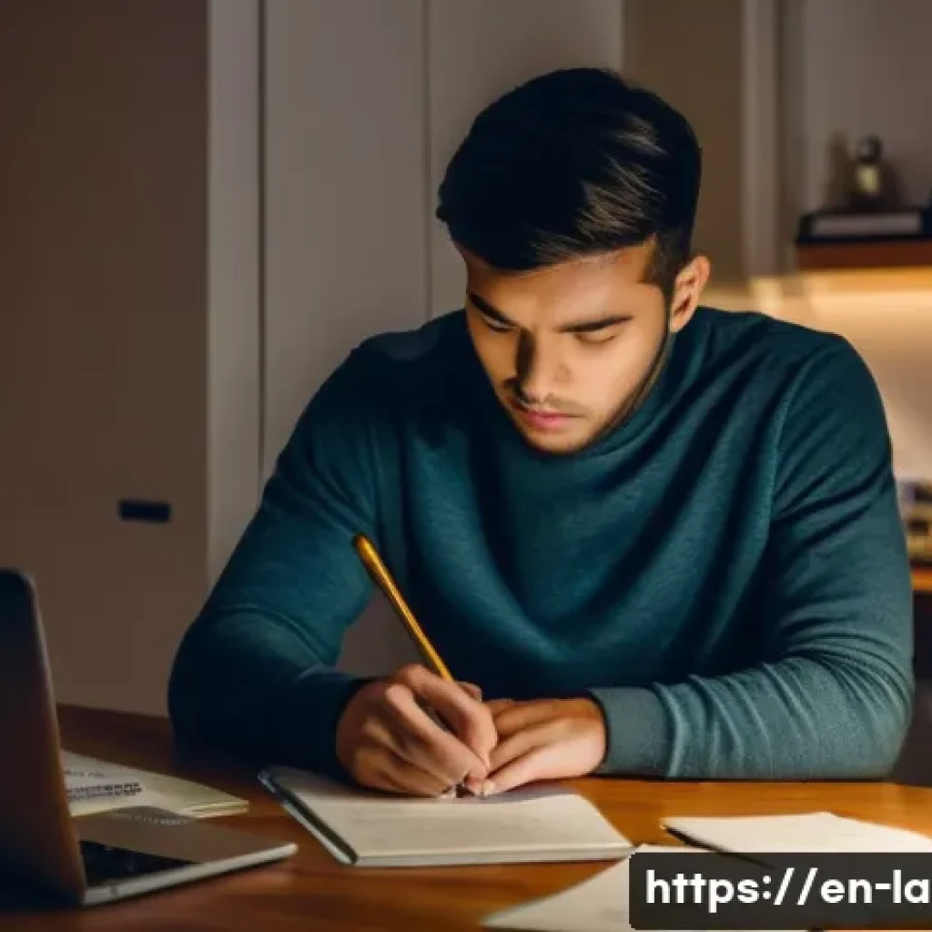 변호사 시험 합격자 인터뷰 - A focused young adult studying late at night in a cozy modern home office, wearing comfortable casua...