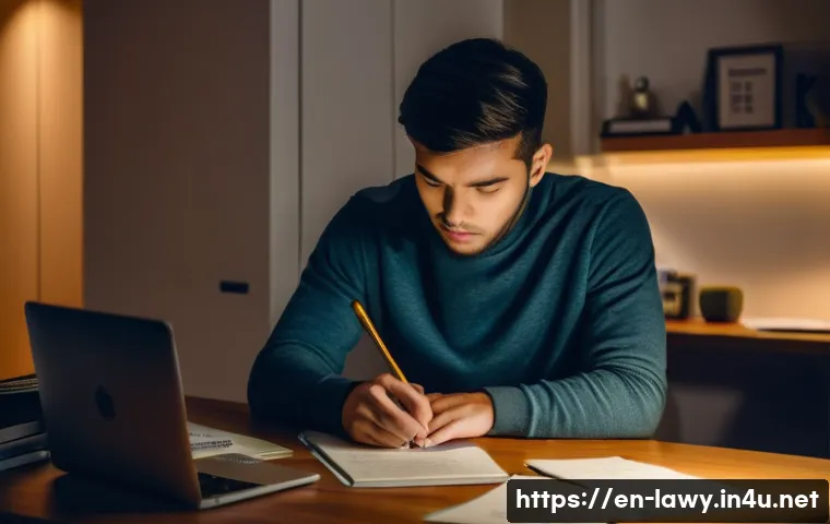 변호사 시험 합격자 인터뷰 - A focused young adult studying late at night in a cozy modern home office, wearing comfortable casua...