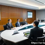 변호사와 공공 정책 자문 사례 - A sophisticated modern government office setting where a diverse group of legal experts and policyma...