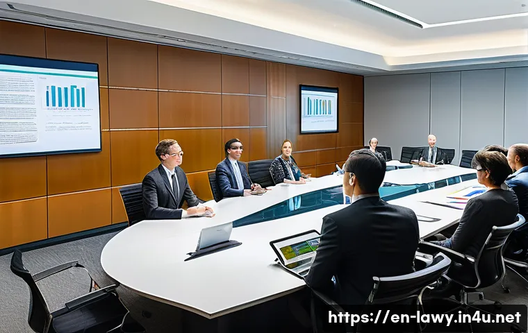 변호사와 공공 정책 자문 사례 - A sophisticated modern government office setting where a diverse group of legal experts and policyma...