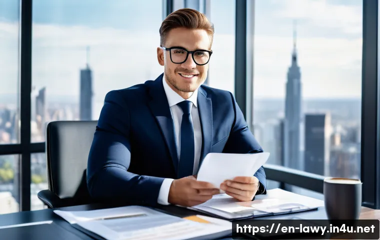 변호사와 법률 교육 프로그램 - A professional corporate lawyer in a modern office setting, dressed in a tailored dark navy suit and...