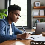 변호사 시험 준비 전략 - A focused young adult studying at a tidy desk in a cozy home office, natural daylight streaming thro...
