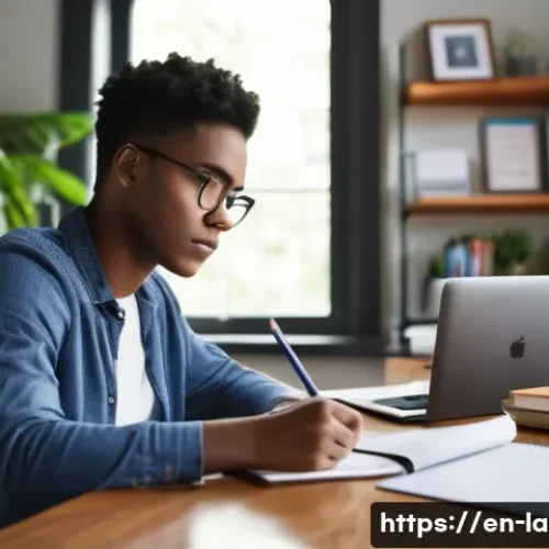 변호사 시험 준비 전략 - A focused young adult studying at a tidy desk in a cozy home office, natural daylight streaming thro...