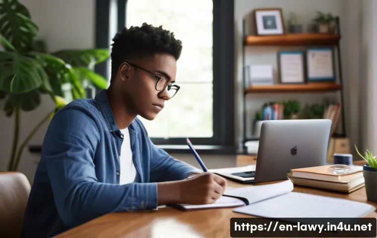 변호사 시험 준비 전략 - A focused young adult studying at a tidy desk in a cozy home office, natural daylight streaming thro...