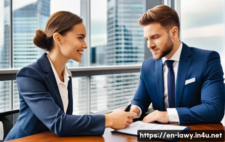 변호사와 계약서 작성 팁 - A professional office setting showing two businesspeople, a man and a woman, sitting across a polish...