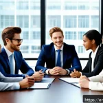 변호사 직업 만족도와 현실 - A professional law office scene showing a diverse group of lawyers collaborating around a conference...