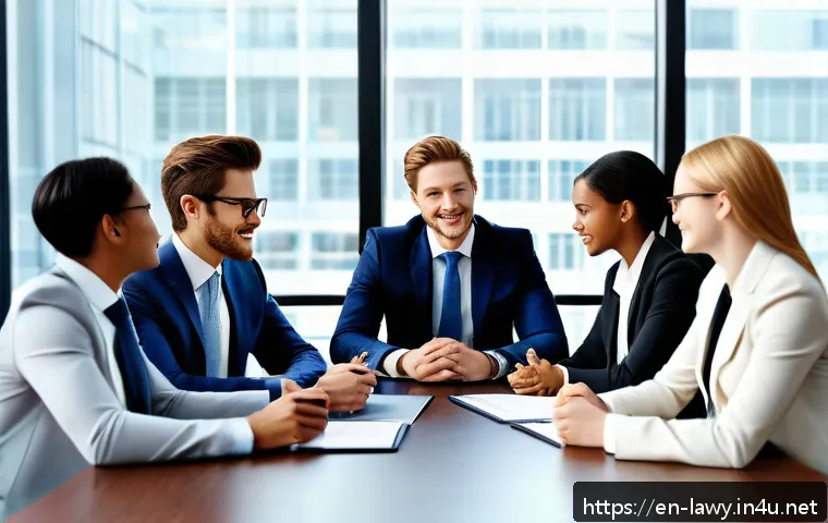 변호사 직업 만족도와 현실 - A professional law office scene showing a diverse group of lawyers collaborating around a conference...