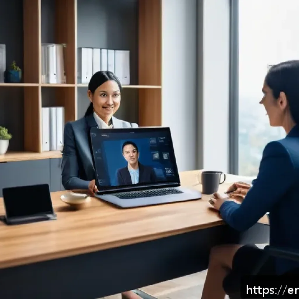 변호사와 고객 충성도 관리 - A professional lawyer in a modern office setting, engaging in a transparent video consultation with ...