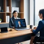 변호사와 고객 충성도 관리 - A professional lawyer in a modern office setting, engaging in a transparent video consultation with ...