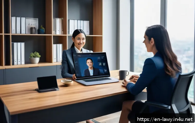 변호사와 고객 충성도 관리 - A professional lawyer in a modern office setting, engaging in a transparent video consultation with ...