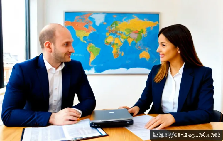 변호사로서의 국제 업무 기회 - Photorealistic international business law consultation in a bright London office, confident diverse ...