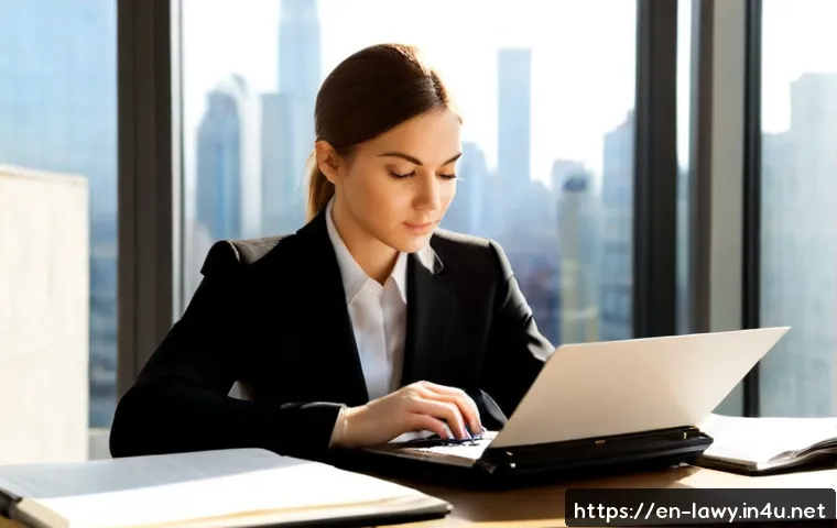 변호사 초기 커리어 전략 - Photorealistic early-career attorney in a tailored business suit seated at a clean modern office des...